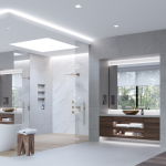 Luxury bathroom with Lutron lighting, featuring a freestanding tub, marble shower, modern vanities, and natural light from large windows.